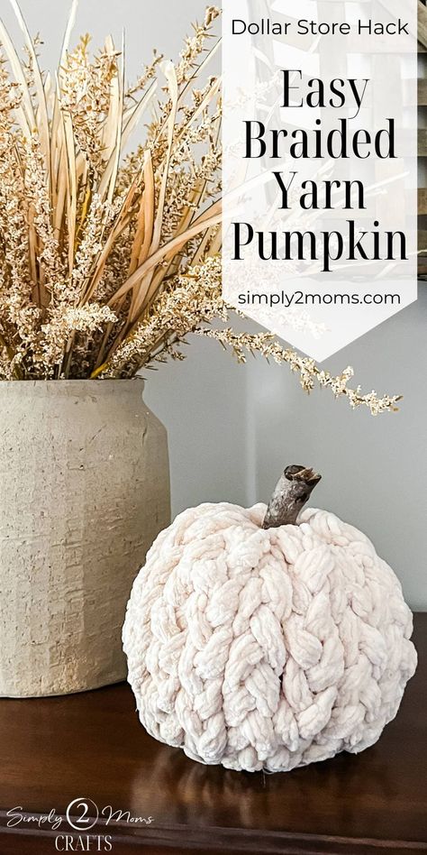 Learn how to make a chunky braided yarn pumpkin with this easy tutorial. A fun craft project that requires only a few simple supplies. Use any color yarn to create a pumpkin that matches your fall decor. Transform a cheap dollar store pumpkin into a beautiful fall decor piece to use anywhere in your home this season. Making A Pumpkin Craft, Easy Chunky Yarn Projects, Braided Pumpkin Craft, Braided Pumpkins Diy, Chunky Yarn Crafts Easy, Fall Projects Diy Easy, Crafts With Chunky Yarn, Pumpkin Decor Diy Crafts, Spring Diy Projects Ideas