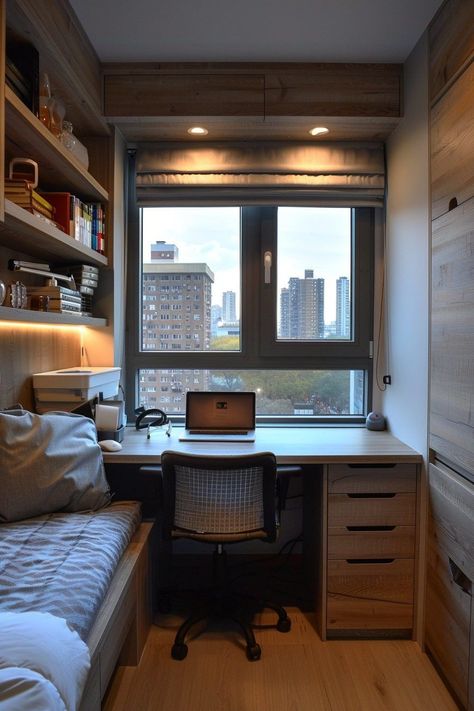 Compact Dorm Desk Solutions Near Window Contemporary Dorm Room, Desk By Window, Desk By The Window, Classic Dorm Room, Modern Dorm Room, Small Room Setup, Dorm Room Desk, Minimalist Dorm, Beautiful Office Spaces