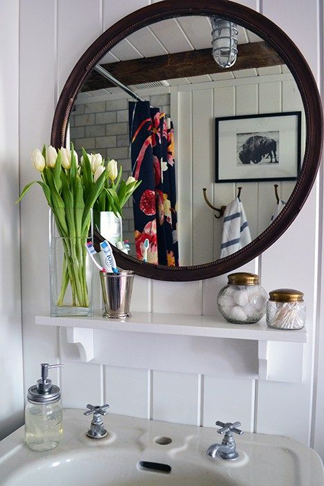 Shelf under mirror Shelf Above Sink, Shower Curtain Diy, Cute Cozy Home, Anthropologie Shower Curtain, Farmhouse Guest Bathroom, Stairway Gallery Wall, Stairway Gallery, Planked Walls, Marble Subway Tile