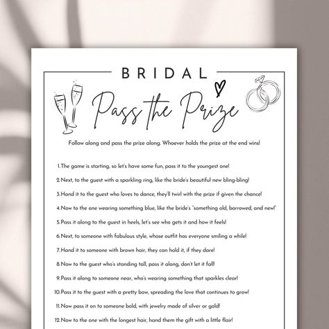 Bridal Shower Pass the Prize Game | Fun Bridal Shower Activity | Rhyming Pass the Gift Game | Bridal Shower Printable | Instant Download | Gender Neutral Make your bridal shower extra special with this exciting Pass the Prize Game! This fun, interactive game is perfect for keeping guests entertained as they pass a gift around the room based on charming, rhyming prompts. It's an ideal icebreaker, adding laughter and engagement to your bridal shower celebration. Whether you're hosting a traditiona Bridal Shower Games Gifts, Dice Pass The Gift Game, Bridal Shower Pass The Gift Game, Pass The Gift Bridal Shower Game, Pass The Prize Bridal Shower Game, Bridal Shower Activities Not Games, Bridal Shower Games Funny Interactive, Gift Passing Game, Pass The Prize Game