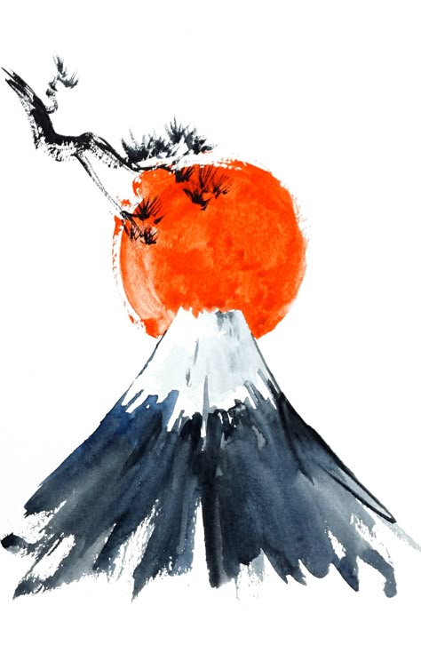 Learn how to paint Japanese mountain step by step in watercolor with Watercolor Travelers for free! Join our Watercolor Crate Easy Japanese Painting Ideas, Japanese Watercolor Art For Beginners, Japanese Culture Drawing, Japanese Art Inspiration, Japanese Canvas Art, Japan Inspired Art, Japanese Watercolour Painting, Japanese Simple Art, Japanese Inspired Design