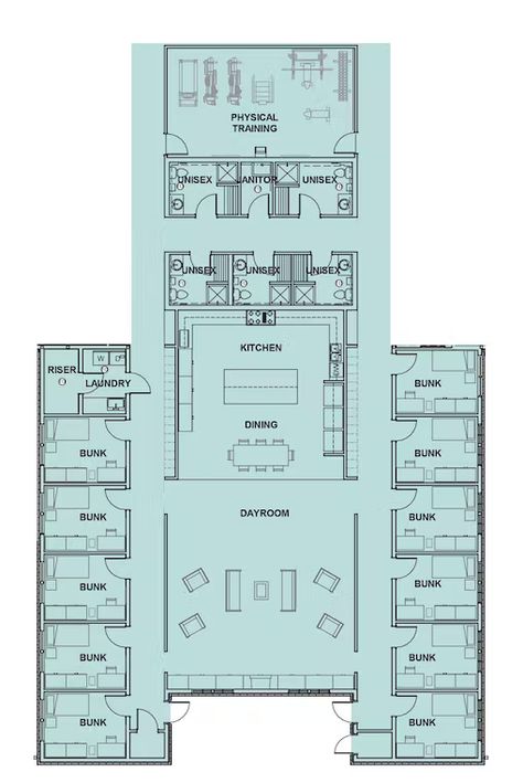 While there are a number of approaches to designing sleeping areas, restrooms and locker areas to address privacy and mix of gender, a high percentage of departments are opting for a more gender-neutral approach. Pictured here is the Buckley, WA, Fire Department&apos;s living quarters, which includes individual bunk rooms with study areas included and single-occupancy toilets that include showers. Fire Station Design, Prison Architect, Parking Plan, School Floor Plan, Multigenerational House Plans, Student Hostel, Dorm Room Layouts, Building Design Plan, Hotel Floor Plan