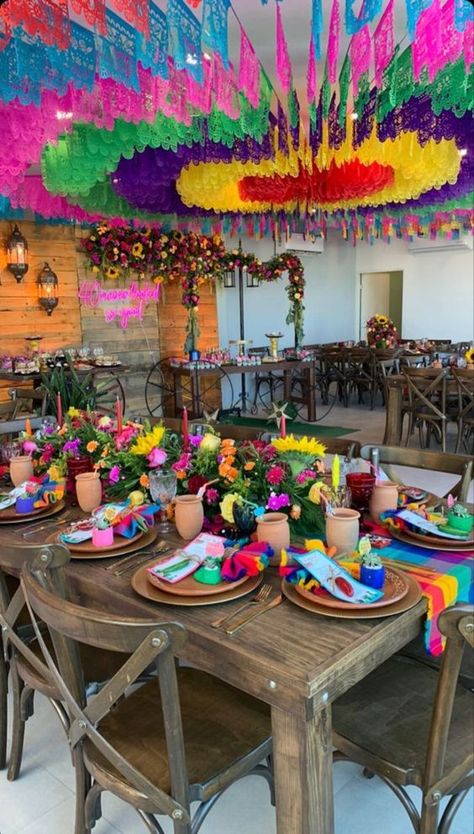 Mexican Hacienda Theme Party, Mexican Xv Decorations, Latino Birthday Party Ideas, Mexican Christmas Party Decorations, Mexican Decorations Party Fiestas, Mexican Chic Decor, Frida Kahlo Quinceanera Theme, Colorful Quinceanera Theme, Mexican Style Birthday Party