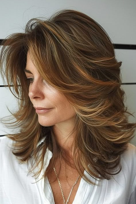 Butterfly Medium Length Hair, Mid Length Layered Hair Styles, Medium Length Haircut Butterfly, Feathered Medium Length Hair, Butterfly Haircut Medium Length Hair, Feathered Long Bob, Mid Length Haircut Layers, Medium Length Haircuts For Women Over 50, Butterfly Shag Haircut