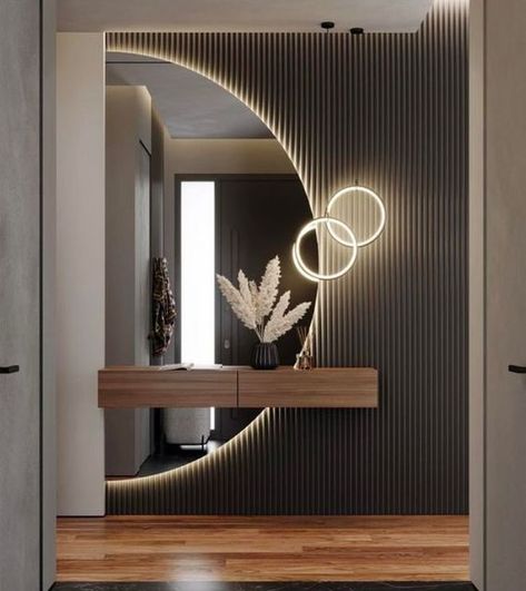 Wall Mounted Ring Light Salon, Simple Hall Design Ideas, Home Hall Design Interiors, Living Room With Mirror Ideas, Paintings For Hall, Ante Room Ideas, Entrance Hall Ideas Modern Entry Ways, Luxury Hallway Entrance, Hall Wall Design