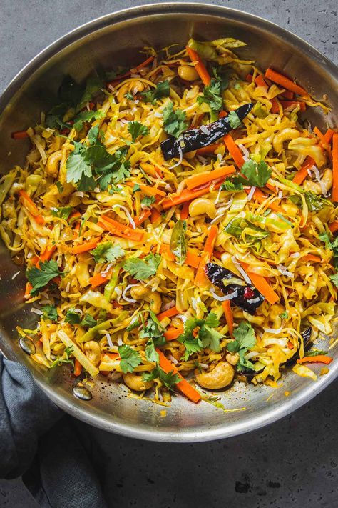 Cabbage Thoran (South Indian Cabbage Curry) Veggie Curry Indian, Cabbage Recipe Indian, Cabbage Indian Recipes, Carrot Cabbage Recipes, South Indian Vegetable Recipes, Side Dishes Cabbage, Indian Side Dishes Vegetable, Cabbage Recipe Vegan, Asian Cabbage Recipes