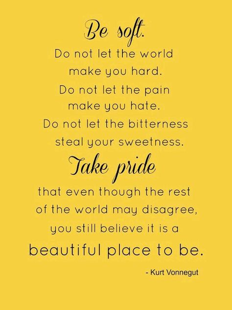 Be soft. Don't let the world make you hard. Kurt Vonnegut Quotes, Kurt Vonnegut, Be Soft, Good Words, Favorite Words, Quotable Quotes, Good Thoughts, Great Quotes, Beautiful Words