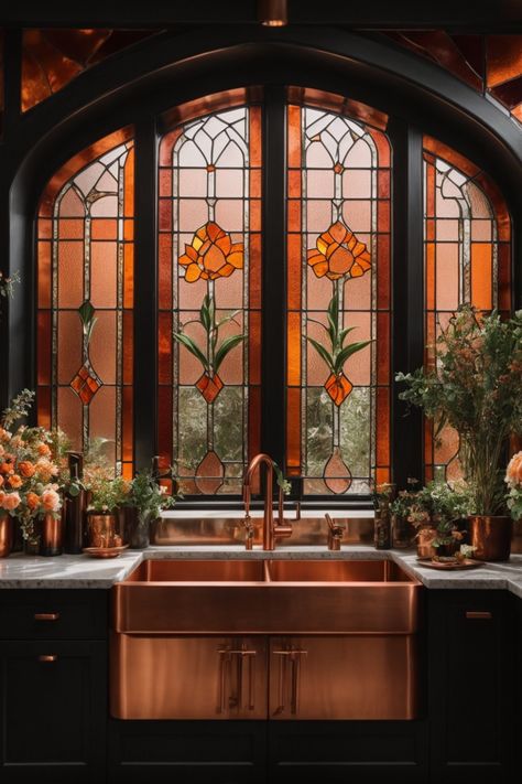 Enter a regal kitchen where copper takes center stage. The resplendent copper sink and fixtures glisten against dark cabinetry, evoking a sense of luxury. Majestic stained glass windows framed in copper arches, adorned with floral patterns, cast a dappled glow across the space. Lush flowers in copper pots bring a touch of nature's splendor. This kitchen is a harmonious blend of opulence, elegance, and craftsmanship, celebrating the exquisite beauty of copper in interior design. Copper Wall Art, Copper Wall, Dream House Interior, Stained Glass Window, Wall Decorations, House Goals, Dream Rooms, Pretty House, Dream House Decor