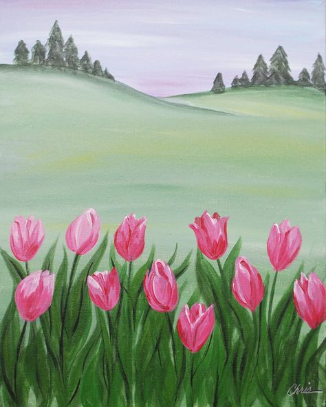 Tulip Drawing, Tulips Art, Canvas Art Projects, Easy Canvas, Simple Canvas Paintings, Cute Canvas Paintings, Easy Canvas Art, Canvas Painting Designs, Tulip Fields