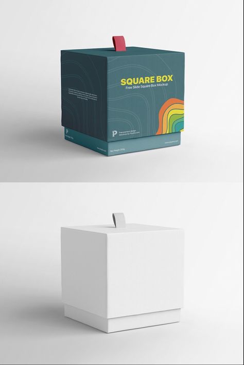 If you are working on a packaging project and the package shape is square, then today’s free mockup is the best one for your presentation. Free Slide Square Box mockup features a beautiful gift box that has a ribbon on the top of the lid for easy opening. With an amazing perspective view, this free square sleeve box allows you to showcase your design from three different angles. #freemockup #slidebox #squarebox #paperbox #psdmockup #boxmockup #branding #packaging #design #print Printed Boxes Packaging, Cube Package Design, Square Box Packaging Design, Paper Box Packaging Design, Custom Box Design, Square Packaging Design, Slide Box Packaging, Slide Packaging, Creative Box Design