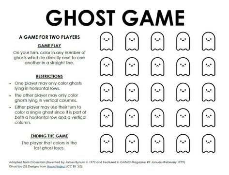 The Ghost Game is a fun two player game which involves coloring in or covering up ghosts arranged in a 5 x 5 grid. The player that colors in the last ghost loses. Math Stem Activities, Halloween Math Games, Halloween Math Worksheets, Game Math, Logic Problems, Halloween Math Activities, Halloween Party Activities, Halloween Themed Activities, Halloween Puzzles