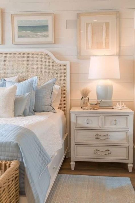 Minimalistic Beach Bedroom, Room Decor Bedroom Blue And White, White Bedroom With Light Blue Accents, Bedroom Inspo Coastal, Classy Beach House Decor, Costal Grandma Bedroom Aesthetic, Beach Aesthetic Bedroom Ideas, Costal Bedroom Design, Serena Lily Bedroom