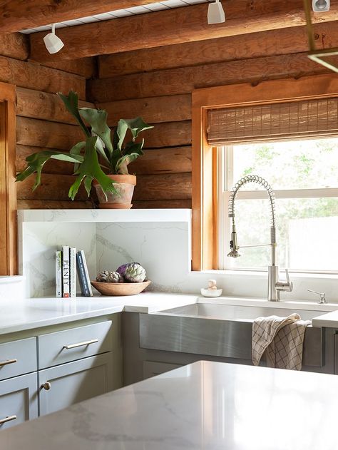 Log Cabin Renovation, Log Cabin Kitchen, Light Grey Kitchen Cabinets, Log Home Interior, Log Home Kitchens, Modern Log Cabin, Light Grey Kitchens, Cabin Renovation, Cabin Remodel