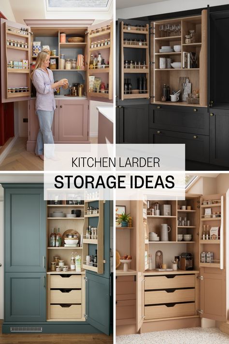 Create a showstopping larder storage centrepiece with accessories that elevate any kitchen scheme. From walk-in pantries to pull-out options for compact spaces, larder storage ideas offer solutions for storing everything from crockery to cookware and spices. These designs keep your cooking area tidy, with appliances neatly tucked away behind the cupboard door. Whether you’re customising to fit your layout or opting for a pre-fitted option, a larder pantry adds a unique touch to any home. Larder Unit Ideas, Howdens Kitchen Storage Ideas, Breakfast Larder, Cupboard Ideas Kitchen, Larder Cupboard Ideas, Larder Organisation, Larder Ideas, 2025 Kitchen, Kitchen 2025