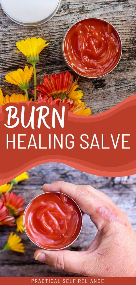 Learn how to make burn healing salve with this easy recipe using plantain, St. John’s Wort, and calendula. This natural herbal salve promotes healing, reduces inflammation, and soothes burns quickly. A must-have for your natural medicine cabinet. Find more burn relief home remedies, skin cream recipes, natural herbs, and Homemade Skin Care at practicalselfreliance.com. Burn Salve Diy, Homemade Burn Salve, How To Make A Salve, How To Make Salve, Mullen Salve, Cbd Salve Recipe, Diy Salves And Balms Recipes, Homemade Salves And Balms, Home Made Medicine