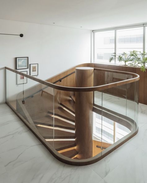 Lawyers Office, Sitting Duck, Wood Handrail, Handrail Design, Staircase Handrail, Interior Staircase, Glass Stairs, Stair Handrail, Glass Balustrade