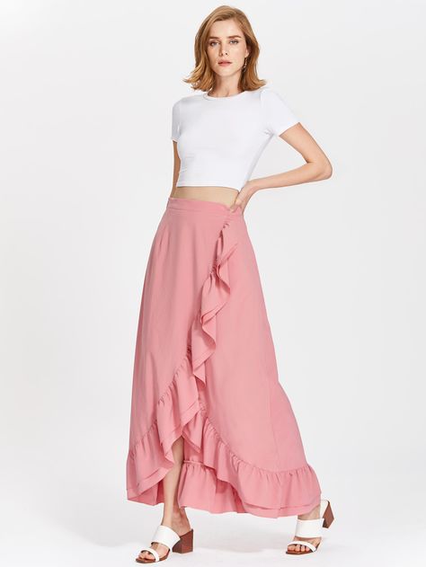 Flounce Trim Overlap Skirt -SheIn(Sheinside) Summer Dresses Preppy, Overlap Skirt, Dresses Preppy, Dream Costume, Punk Rock Outfits, Ruffle Wrap Dress, Casual Leggings, Rock Outfits, Large Sweaters