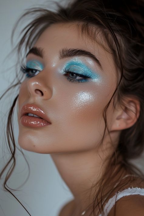 Feeling Blue? 50+ Insanely Gorgeous Blue Eyeshadow Looks - Days Inspired Blue Themed Makeup Looks, Blue Eye Makeup Dramatic, Cyan Makeup Looks, Icy Blue Makeup Look, Light Blue Glitter Makeup, Ocean Makeup Looks, Blue Wedding Makeup, Aqua Eyeshadow, Ocean Makeup