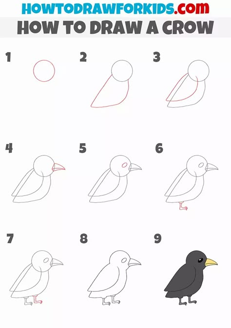 How to Draw a Crow - Easy Drawing Tutorial For Kids How To Draw A Sparrow Step By Step, How To Draw A Crow Step By Step Easy, Crow Doodle Easy, How To Draw A Crow Step By Step, How To Draw Crow, How To Draw A Raven, Crow Drawing Easy, Crow Drawing Simple, How To Draw A Bird