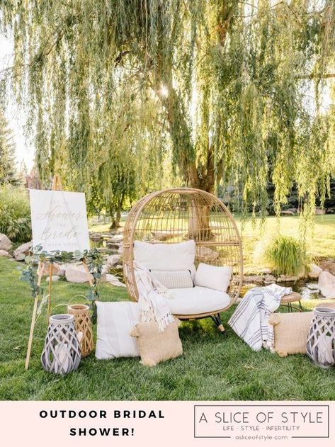 Outdoor Bridal Shower for My Sister! Outdoor Bridal Shower Decor, Boho Garden Bridal Shower Ideas, Outdoor Wedding Shower Ideas, Outdoor Bridal Shower Ideas Backyards, Outdoor Bridal Shower Ideas, Bridal Chair, Backyard Bridal Showers, Outdoor Bridal Showers, Garden Bridal Showers