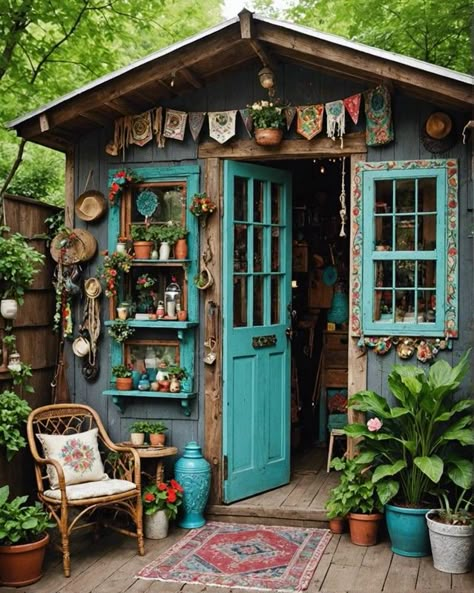 She Shed Wine Bar, Witch Cottage She Shed, Inside Of Shed Ideas, She Shed Designs Interiors, Witch She Shed, Small Potting Shed Interior Ideas, Rustic Potting Shed, Whimsical Garden Shed, She Shed Colors Exterior