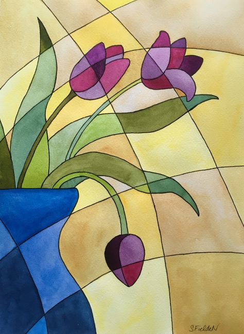 Tutorial #2 – Stained Glass Tulips – Watercolor with Stephanie Stained Glass Drawing, Drawing With Pen, Tulips Watercolor, Glass Drawing, Easy Cartoon, Ink Doodles, Watercolor Blog, Step By Step Watercolor, Easy Cartoon Drawings