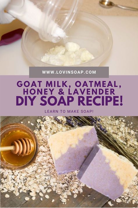 Here’s a nice, classic, DIY cold process soap recipe and step-by-step design tutorial for goat milk soap with oatmeal, honey and lavender! I’ll teach you how to make the diagonal layers with a hanger swirl. For the ingredients and directions, click the link to the blog and check us out! This is one of the best-loved recipes at Lovin’ Soap Studio! Moisturizing Goat Milk Soap Recipe, Lye Free Goat Milk Soap Recipes, Goat Milk Soap Recipe With Lard, Oatmeal Honey Goat Milk Soap Recipe, Oat Milk Soap Recipe, Liquid Goat Milk Soap Recipe, Goat Milk Shampoo Recipe, Making Goat Milk Soap, Diy Goat Milk Soap