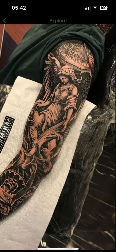 Angel Tats, Religious Tattoo Sleeves, Angel Sleeve Tattoo, Blitz Tattoo, Arm Tattoos For Guys Forearm, Half Sleeve Tattoos Forearm, Arm Tats, Realistic Tattoo Sleeve, Men Tattoos Arm Sleeve