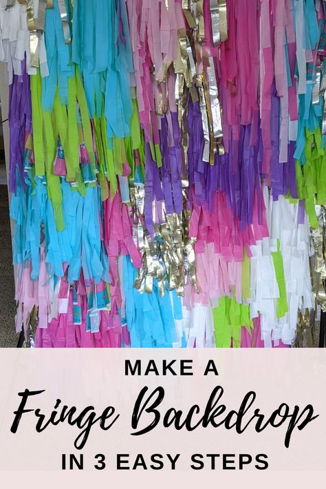 Plastic Backdrop Tablecloths, Diy Photo Backdrop Tablecloth, Fringed Backdrop Diy, Fringe Tablecloth Backdrop Diy, Photo Backdrop With Tablecloths, How To Make Plastic Tablecloth Garland, How To Make A Fringe Backdrop Diy, Photo Backdrop With Balloon Garland, Backdrop Made From Plastic Tablecloths