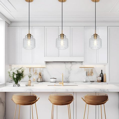 Breakwater Bay Meya 1 - Light Single Bell Pendant & Reviews - Wayfair Canada White Kitchen Gold Pendant Lights, Brass Island Pendants, Pendant Lights Over Kitchen Island Ideas, Chandelier Dress, Lights Over Kitchen Island, House Renos, Modern Linear Chandelier, White Kitchen Island, Gold Pendant Lighting