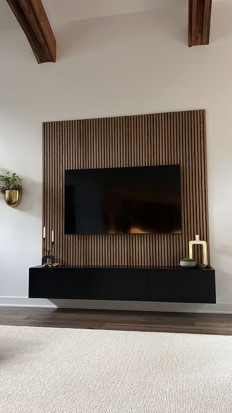 Wood Slatted Tv Wall, Wall Mounted Tv Panelling, Media Room Accent Wall Ideas, Wood Veneer Tv Wall, Wood Panel For Tv, Slotted Wood Accent Wall, Tv Panelled Wall, Living Room Media Wall Wood, Slatted Wall Tv Unit