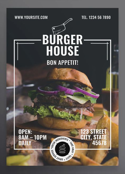 Restaurant Poster Design PSD, Vector EPS - 2 size: Poster (420×594 mm) and Poster US (18×24 in) Hamburger Poster Design, Restaurant Poster Design, Fast Food Poster, Menue Design, Food Posters, Banner Design Layout, Restaurant Poster, Poster Template Design, Poster Design Layout