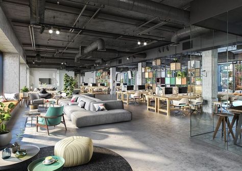 Startup Office Design, Industrial Office Space, Open Concept Office, Open Office Design, Coworking Space Design, Warehouse Office, Creative Office Space, Industrial Office Design, Open Space Office