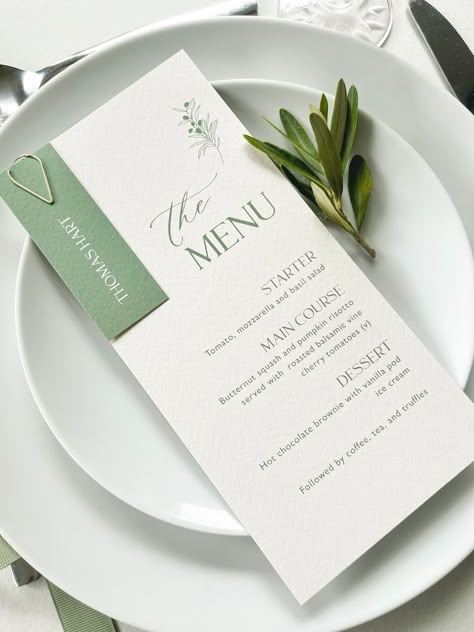 Menu With Name, Menu Place Setting, Personalized Wedding Menu, Olive Green Wedding, Wedding Menus Design, Wedding Table Menus, Wedding Food Menu, Olive Green Weddings, Menu Table