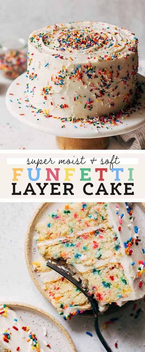 This is the BEST funfetti cake recipe! It's super moist, soft, and loaded with vanilla and sprinkles. It's smothered in a simple American buttercream to make a perfect classic birthday cake. #funfetti #birthdaycake #funfetticake #layercake #butternutbakery | butternutbakeryblog.com Butternut Bakery Funfetti Cake, Best Homemade Funfetti Cake, Layered Confetti Cake, Diy Funfetti Cake Recipe, Moist Confetti Cake Recipe, Funfetti Cake Chocolate Frosting, Vanilla Confetti Cake, Homemade Smash Cake Recipe, Gluten Free Dairy Free Funfetti Cake