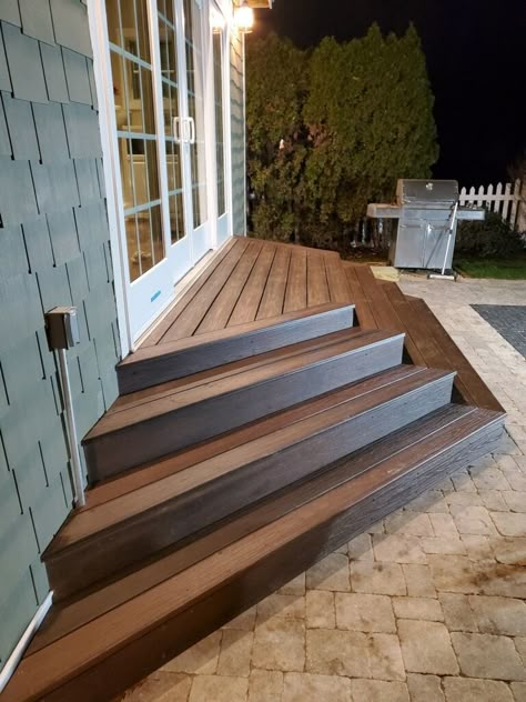 Steps From Deck To Yard, Concrete Patio With Stairs From House, Wood Stairs On Concrete Patio, Steps To Backyard Patio, 3 Sided Stairs, Pyramid Deck Steps, Steps For Back Door, Small Deck Steps With Landing, Deck With Stairs Down To Patio