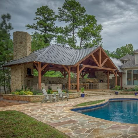 Pool House Exterior Ideas, Pavilion Off Back Of House, Pool House Pavilion Ideas, Pool Pavillion Backyard, Poolside Pavilion Ideas, Lake House Patio Ideas Outdoor Spaces, Patio Pavilion Ideas, Pool Pavilion Ideas Outdoor Living, Pavilion Design Backyard