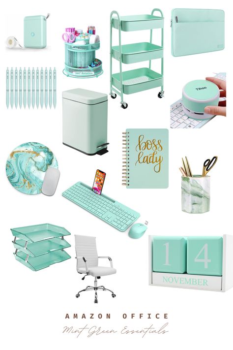 Pink And Green Home Office Ideas, Green Office Desk Decor, Office Decor Turquoise, Tiffany Blue Office Decor Work Spaces, Mint Home Office, Tiffany Blue Home Office, Mint Green Salon Decor, Mint Office Decor, Mint Green Desk Setup