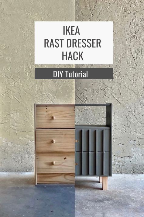 In this IKEA hack, I flipped the Rast dresser by removing the top drawer, built shelves above the second drawer and below the third drawer, gave the remaining two drawers a fluted design and redesigned the legs to give it a more modern look! Ikea Mcm Hacks, Ikea Rast Nightstand Makeover, Rast Diy Ikea, Textured Drawer Fronts, Rast Ikea Makeover, Ikea Alex Drawers Hack Diy, Diy Drawers Makeover, Rast Drawers Hack, How To Make A Dresser