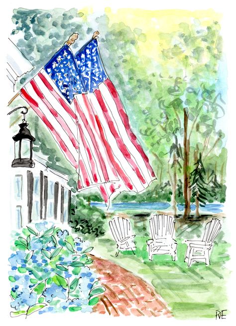 Patriotic Entrance. Fourth Of July Drawings, Americana Watercolor, Patriotic Paintings, American Flag Illustration, Patriotic Watercolor, American Flag Drawing, Flag Watercolor, Flag Illustration, Patriotic Art