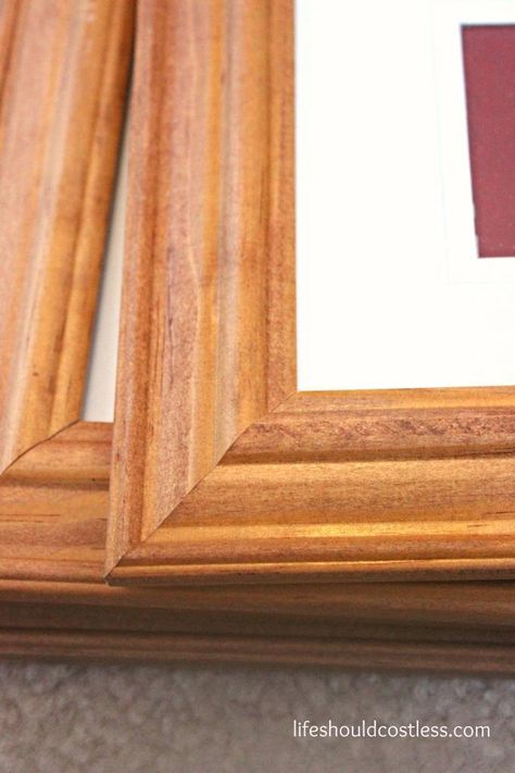 Cheap Picture Frame Make-Over & The One-Year-Old Wall - Life Should Cost Less Painting Picture Frames Diy, Painting Picture Frames, Wood Frames Diy, Diy Sanding, Picture Frames Diy, Cheap Picture Frames, Oak Picture Frames, Making Picture Frames, Scratched Wood