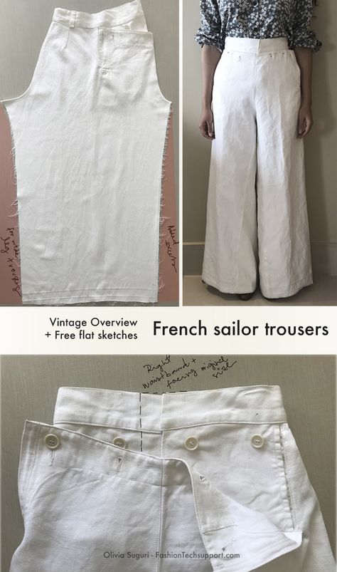 Vintage sailor trousers, with no side seam and 4-button fastening (no zipper). Adjusted and customised as wide leg trousers. Visit my blog for more pictures and Free flat sketches. #jeanpaulgaultier #fashiondesign #patterncutting #clothingrepair #inspiration #fashionresearch #fashionportfolio #fashionhistory Sailor Trousers Pattern, Wide Leg Linen Pants Sewing Pattern, Vintage Pants Pattern, Sailor Pants Pattern, Wide Pants Pattern, Open Side Pants, Adjustable Trousers, Linen Pants Pattern, Sailor Trousers