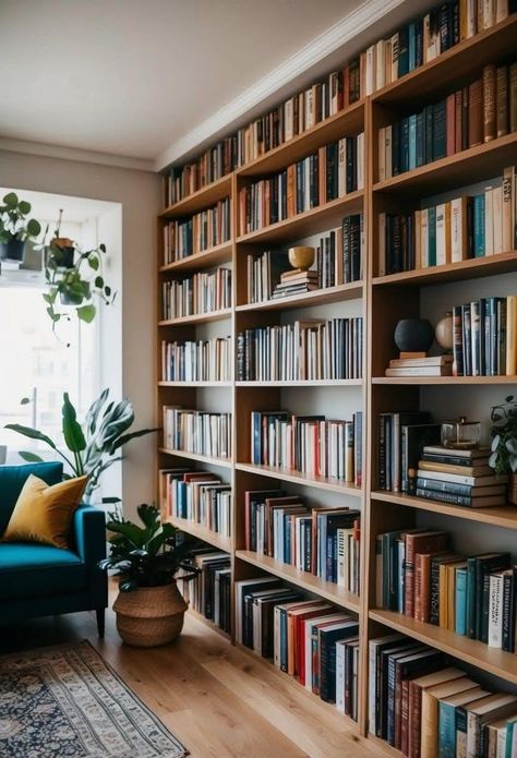 Home Office Shelves Bookshelf Styling, Bookshelf Inside Wall, Full Wall Library Bookshelves, Bookshelves Mid Century Modern, Narrow Hallway Bookshelves, Wall Bookshelf Living Room, Non Built In Bookshelves, Home Library Shelf Design, Book Shelf Library Design