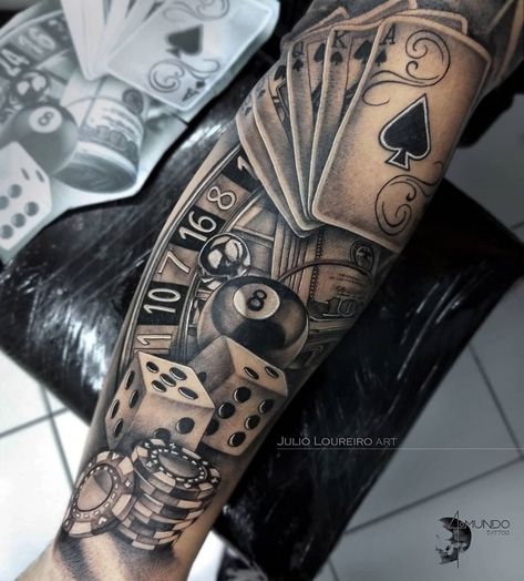 Gambling tattoo by Júlio Loureiro, an artist at Quarto Mundo Tattoo Studio in São Paulo, Brazil. Poker Tattoo, Casino Tattoo, Vegas Tattoo, Card Tattoo Designs, Money Tattoo, Men Tattoos Arm Sleeve, Chicano Tattoos, Men Tattoos, Forearm Sleeve Tattoos