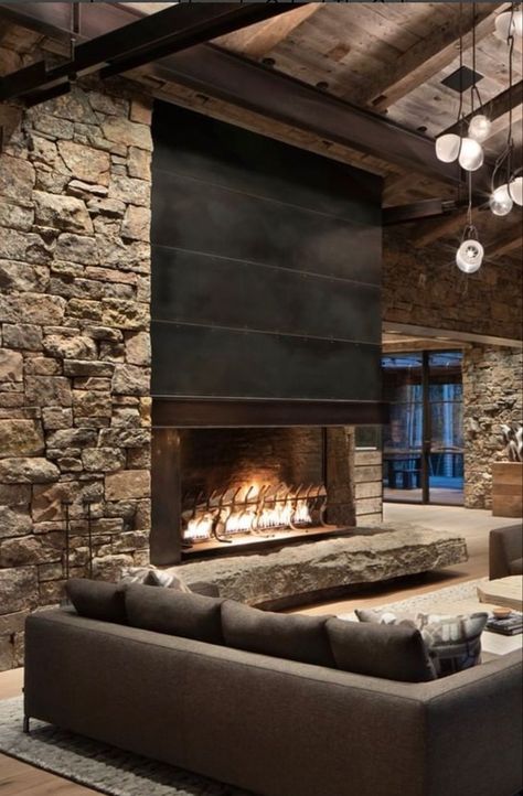 Mountain Interiors, Cabin Fireplace, Metal Fireplace, Modern Mountain Home, Mountain Modern, Modern Mountain, Stone Walls, Home Fireplace, Modern Fireplace