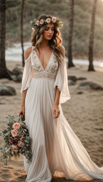 15 Beach Wedding Dresses For Every Type of Bride: The Best 2024 Ideas Boho Wedding Beach Dress, Boho Outdoor Wedding Dress, Boho Bride Dress Simple, Small Forest Wedding Dress, Beachy Vow Renewal Dress, Wedding Dress Boho Chic Romantic, Simple Blue Wedding Dress, Fall Beach Wedding Dress, Commitment Ceremony Dress