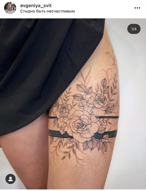 Cuff Tattoo Thigh, Double Forearm Tattoo, Tattoo Ideas Female Legs For Women, Floral Thigh Wrap Around Tattoo, Back Of Thigh Flower Tattoo, Flower Thigh Band Tattoo, Thigh Tattoos Above Knee, Classy Thigh Tattoos For Women, Ladies Thigh Tattoo