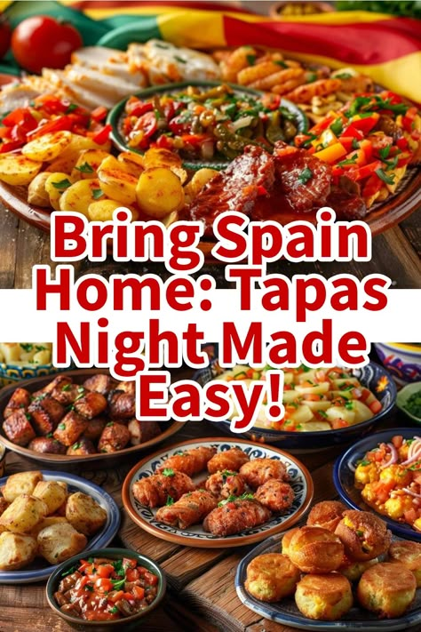 An assortment of colorful and delicious Spanish tapas served on decorative plates. Spanish Appetizers For Party, Tapas Ideas Spanish, Easy Spanish Tapas, Best Tapas Recipes, Tapas Ideas Party, Tapas Menu Ideas, Spanish Recipes Authentic, Spanish Tapas Ideas, Tapas Recipes Easy