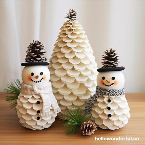 Pine cone snowman craft. Pine cone Christmas craft. Pine Cone Elf Ornaments, Pine Cone Crafts Animals, Pine Cone Snowman Craft, Pine Cone Crafts Knomes, Pinecone Projects For Christmas, Craft Ideas With Pinecones, Pine Cone Basket Ideas, Red Pine Cones, Pinecone Diy Christmas