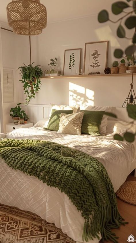 Bedroom Ideas White And Green, White Bed With Green Accents, Green Bedroom White Walls, Green And Wood Room, Green And White Home Decor, Sage Green And Gold Bedroom Ideas, Cute Room Ideas Green, College Apartment Decor Inspiration, Earthy Warm Bedroom Aesthetic